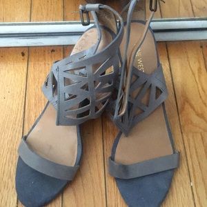 Gray wedges with brown wooden heel